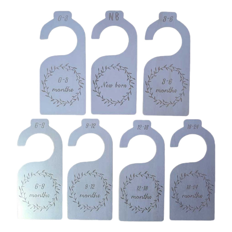 Baby Closet Divider Set showing all 7 age labels: Newborn, 0-3, 3-6, 6-9, 9-12, 12-18, 18-24 months