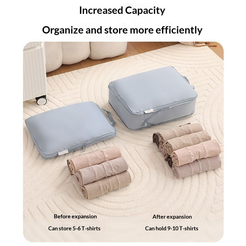 PackSmart Packing Cubes before and after expansion, holding 5-6 vs 9-10 t-shirts