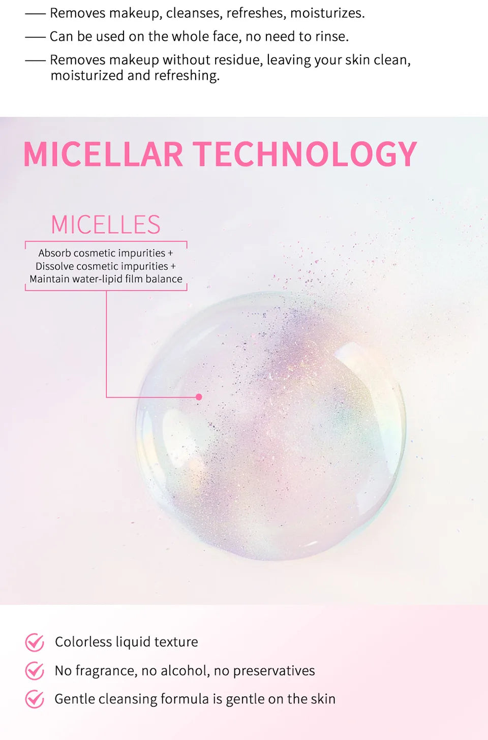 Micellar Cleansing Water-Gentle Makeup Remover for Face & Eyes-Effectively Removes Waterproof Mascara & Long-Lasting Lipstick