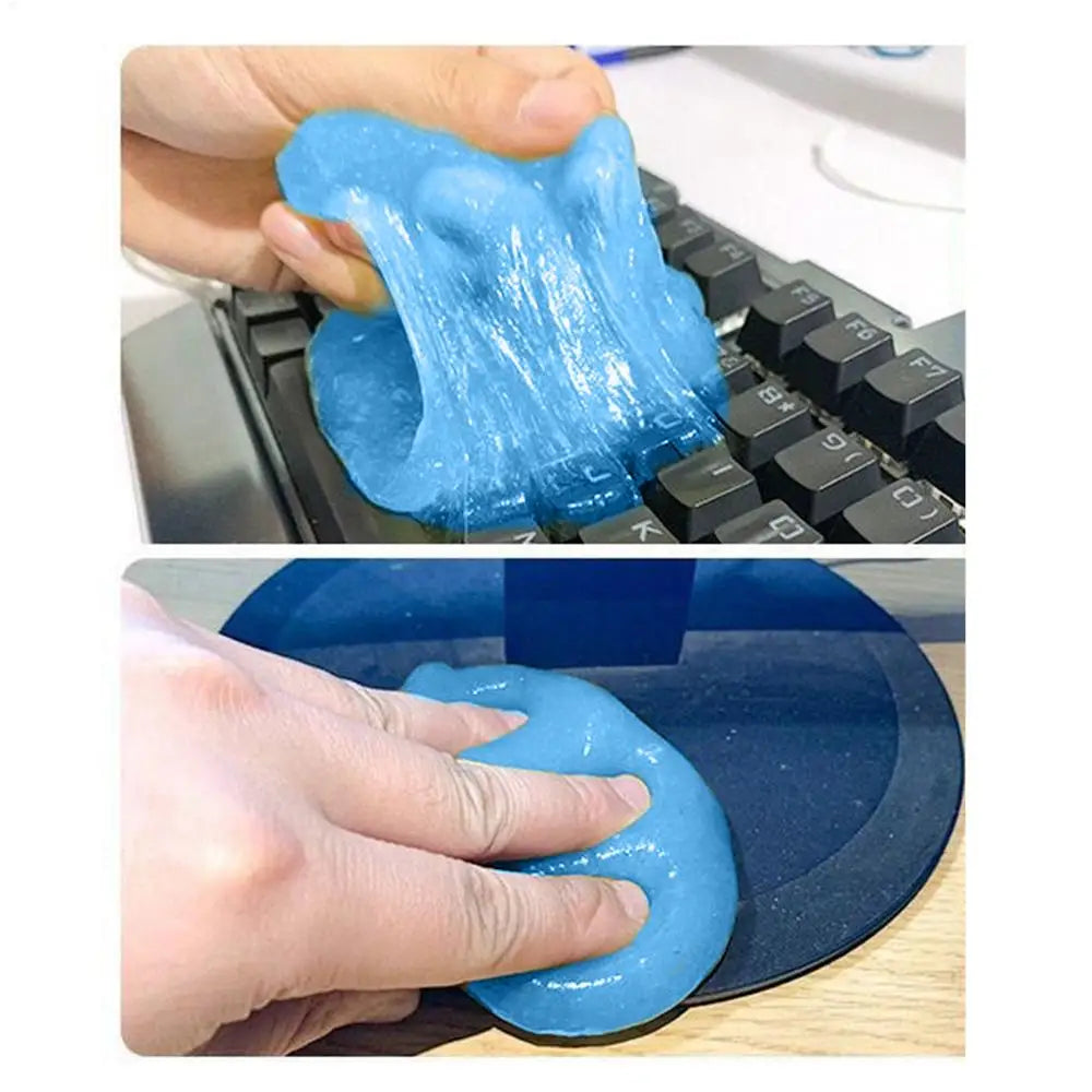 Cleaning gel used on a keyboard and pressed onto a round speaker grille