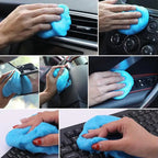 Six photos showing the cleaning gel used on a car air vent, dashboard buttons, wing mirror, steering wheel, door panel and keyboard