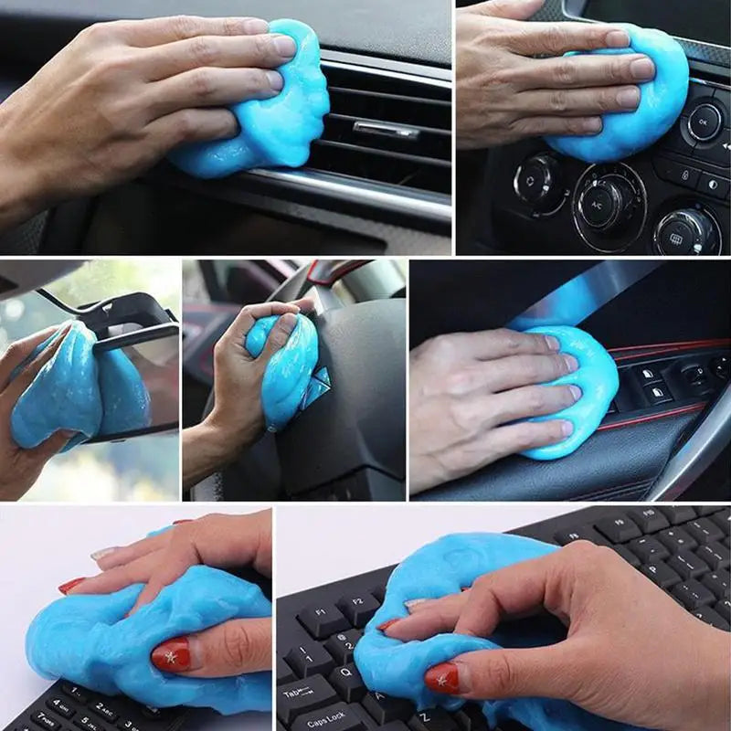 Six photos showing the cleaning gel used on a car air vent, dashboard buttons, wing mirror, steering wheel, door panel and keyboard