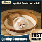 Woven rattan cat bed with cat lounging inside