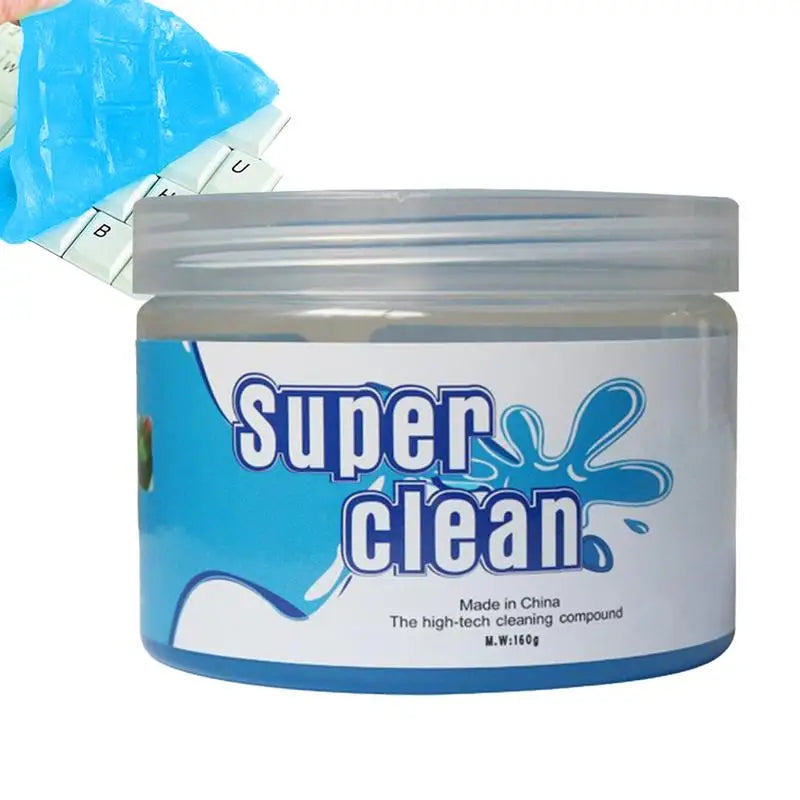 Super Clean cleaning gel jar next to gel pressed onto a keyboard