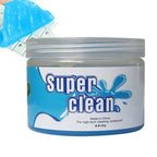 Super Clean cleaning gel jar next to gel pressed onto a keyboard