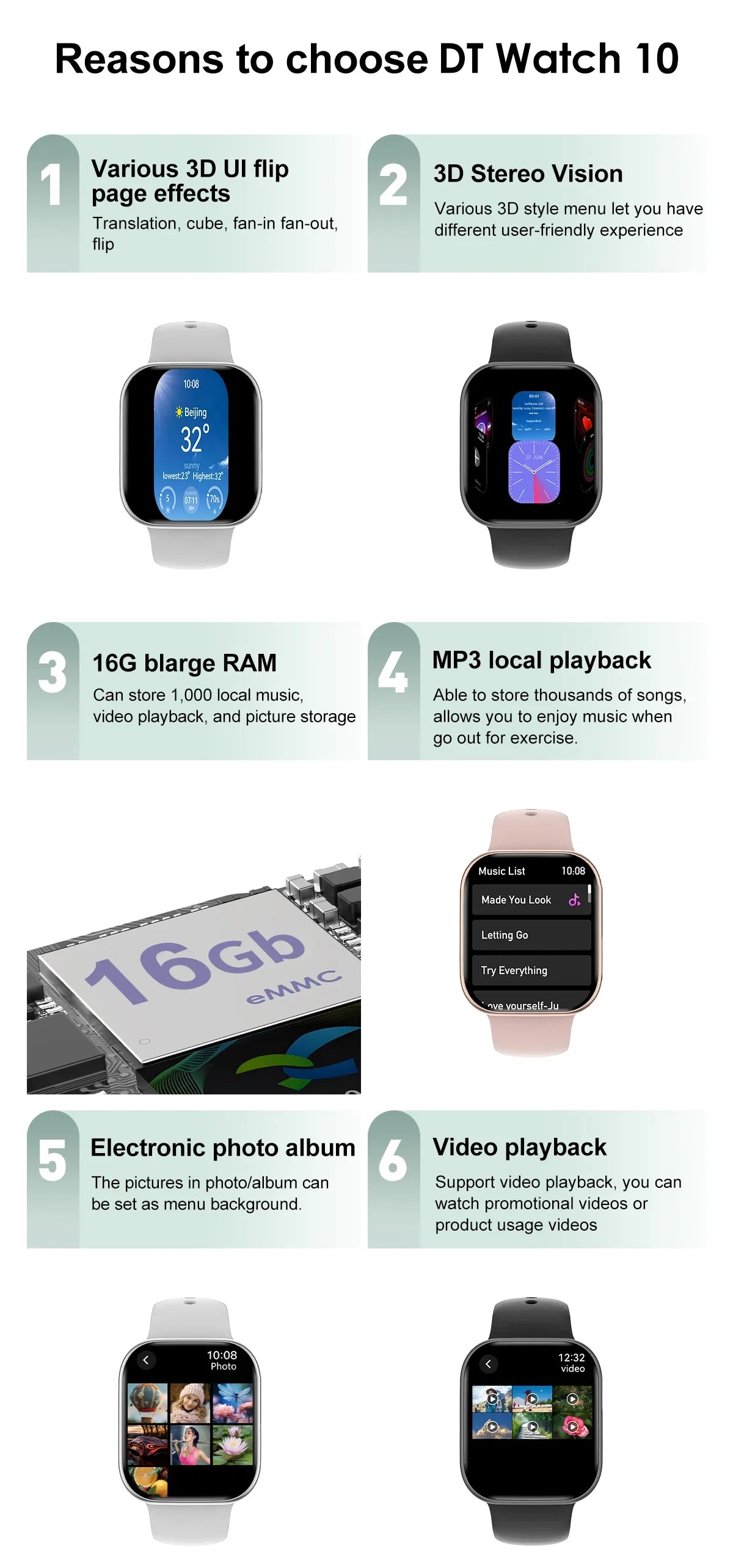 New DT Watch 10 Smartwatch 16GB Large Memory NFC 3D Stereo Vision Compass Muiti-Sport Mode Waterproof Bluetooth call Smartwatch