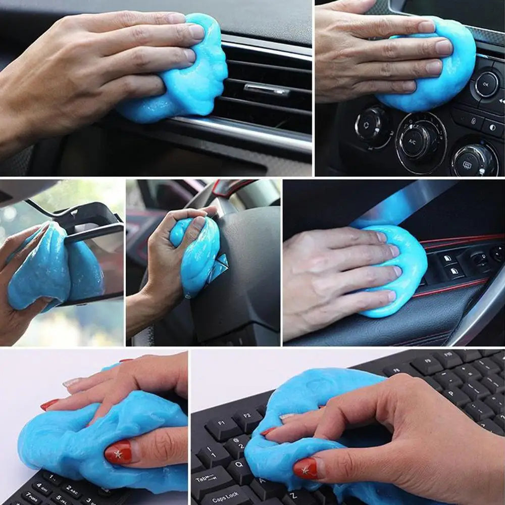 Six photos showing the cleaning gel used on a car air vent, dashboard buttons, wing mirror, steering wheel, door panel and keyboard