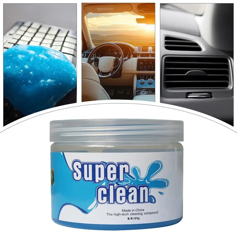 Cleaning gel on a keyboard, in a car interior, and pressed into an air vent, with the product jar