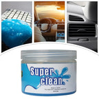 Cleaning gel on a keyboard, in a car interior, and pressed into an air vent, with the product jar