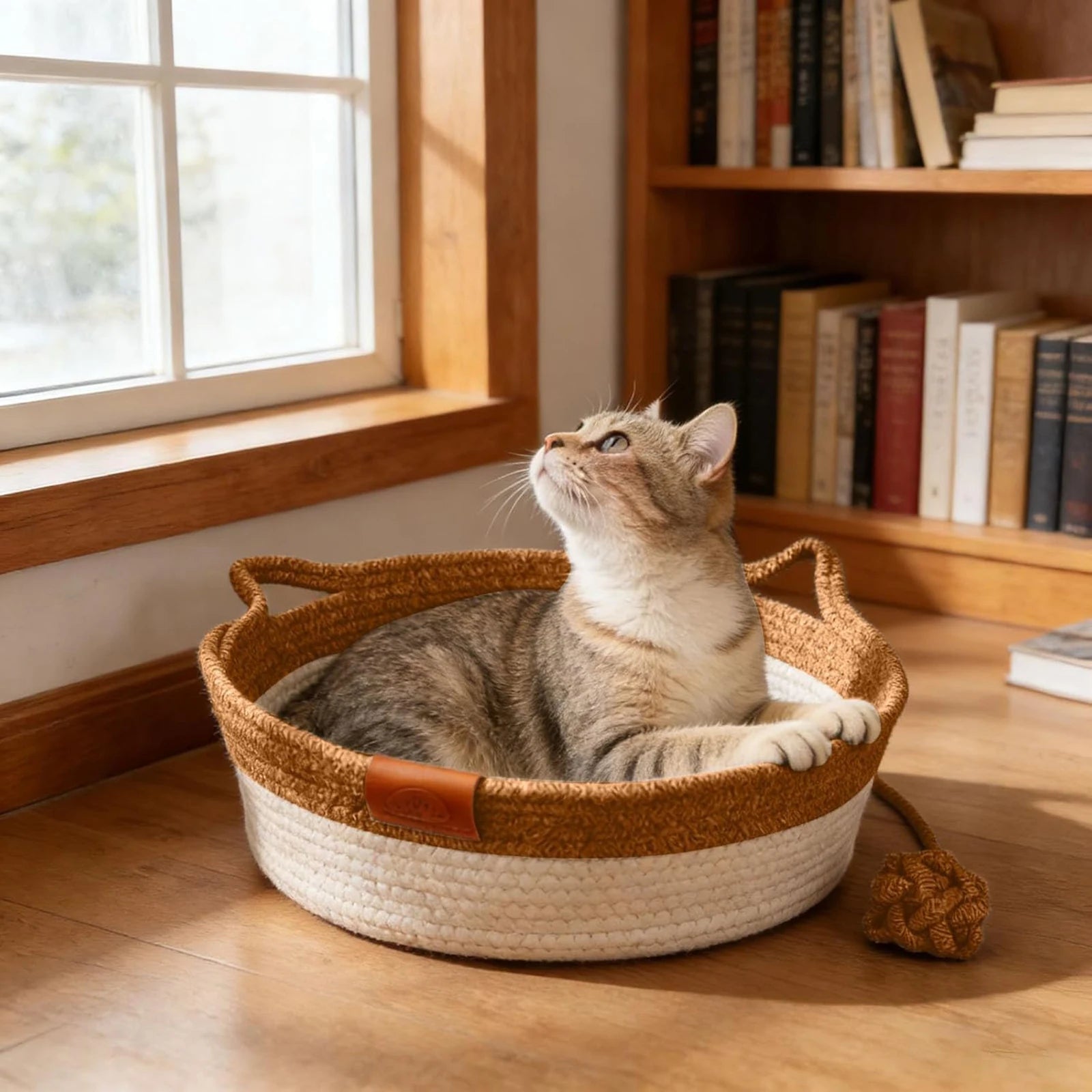 Cat resting in rattan bed beside a window
