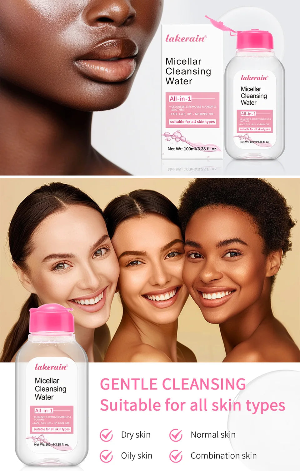 Micellar Cleansing Water-Gentle Makeup Remover for Face & Eyes-Effectively Removes Waterproof Mascara & Long-Lasting Lipstick