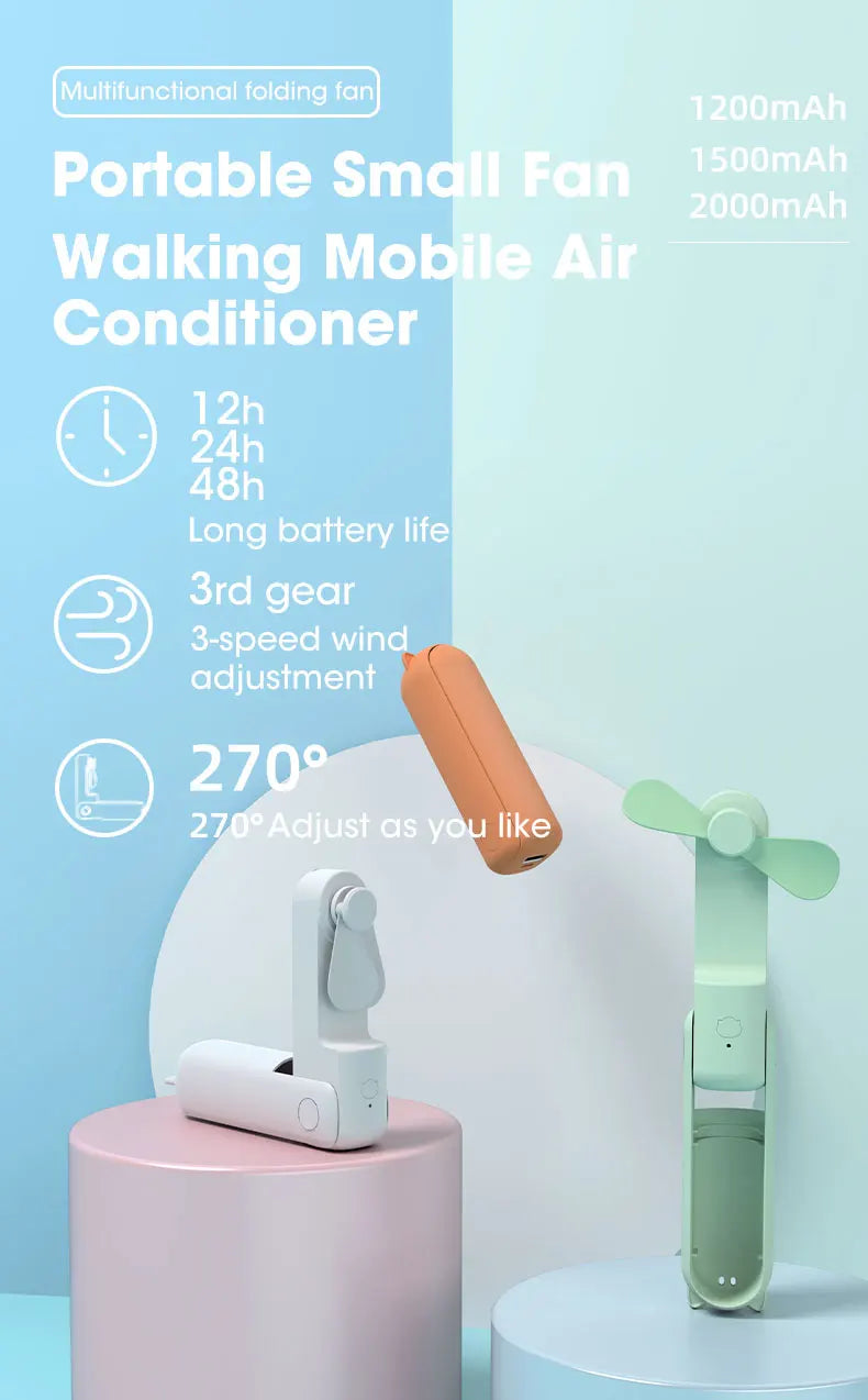 2000mAh Mini Portable Fan USB Rechargeable Cooler Collapsible Handheld Desktop Fan Quiet Foldable Office Home Handy Power Bank