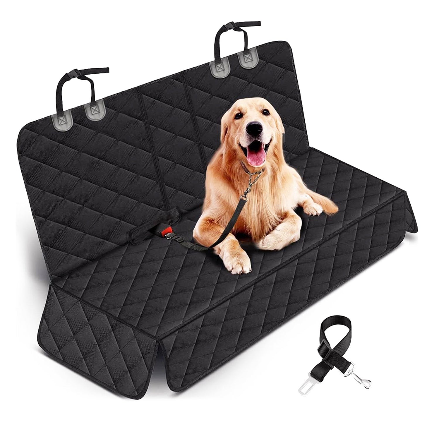 RideAlong Car Seat Cover installed on a rear bench seat with a dog