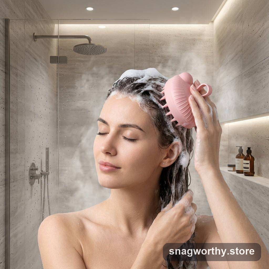 Silicone scalp massager brush being used in the shower while shampooing | Snagworthy.store