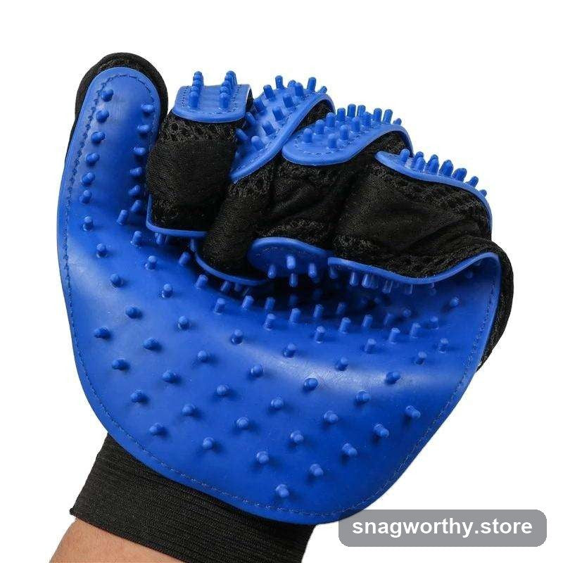 Hand wearing a blue silicone deshedding pet grooming glove | Snagworthy.store