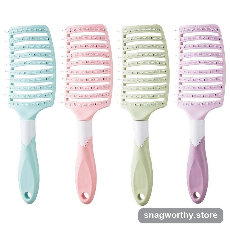 Four pastel detangling brushes with curved flexible bristles in a row | Snagworthy.store