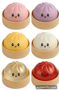 Six smiling dumpling squishy toys in mini steamer baskets, assorted colours | Snagworthy.store