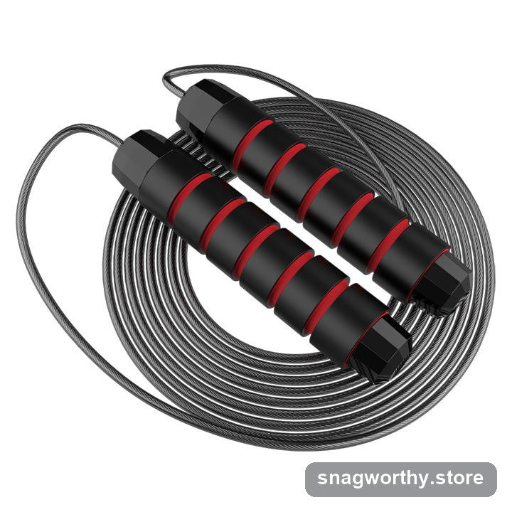 Coiled steel-cable jump rope with red and black weighted foam handles | Snagworthy.store