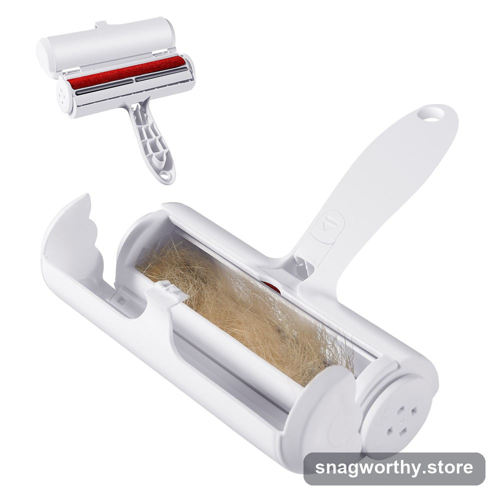 White reusable pet hair roller with self-cleaning fur chamber shown open | Snagworthy.store