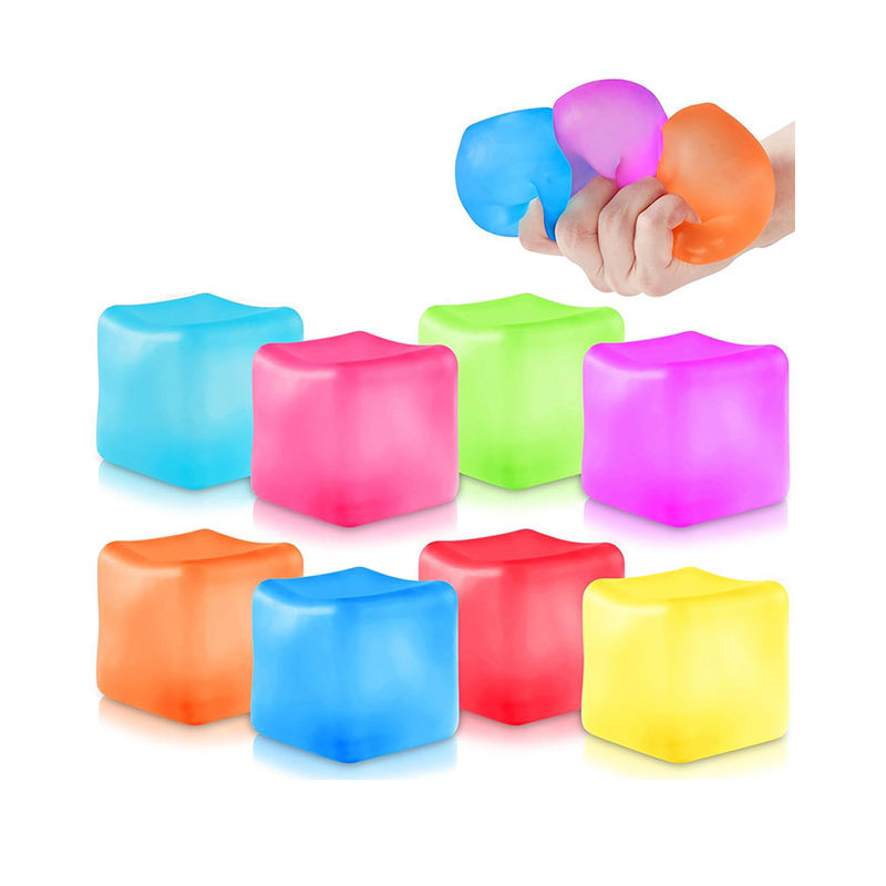 Eight colourful translucent squish cubes with a hand squeezing one