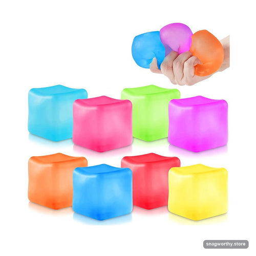 Eight colourful translucent squish cubes with a hand squeezing one | Snagworthy.store