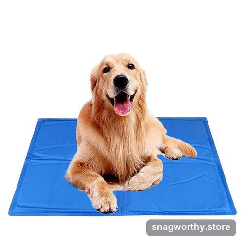 Golden retriever lying on a blue pressure-activated cooling gel mat | Snagworthy.store