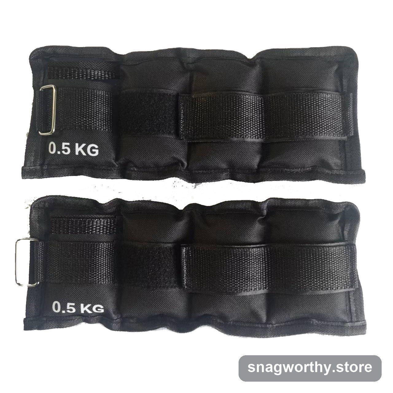 Pair of black 0.5kg ankle and wrist weight cuffs with strap fastening | Snagworthy.store