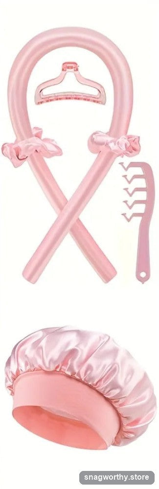 Pink heatless curling rod, scrunchies, comb and satin bonnet on white background | Snagworthy.store