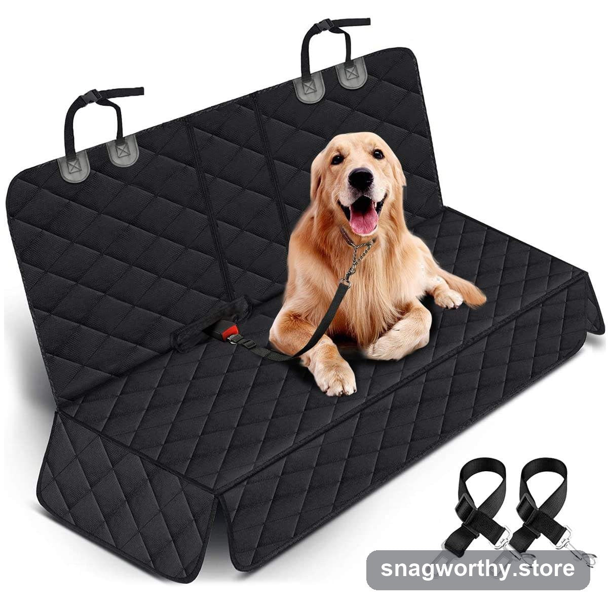 Golden retriever sitting on a quilted black waterproof car seat cover with safety belt clips | Snagworthy.store