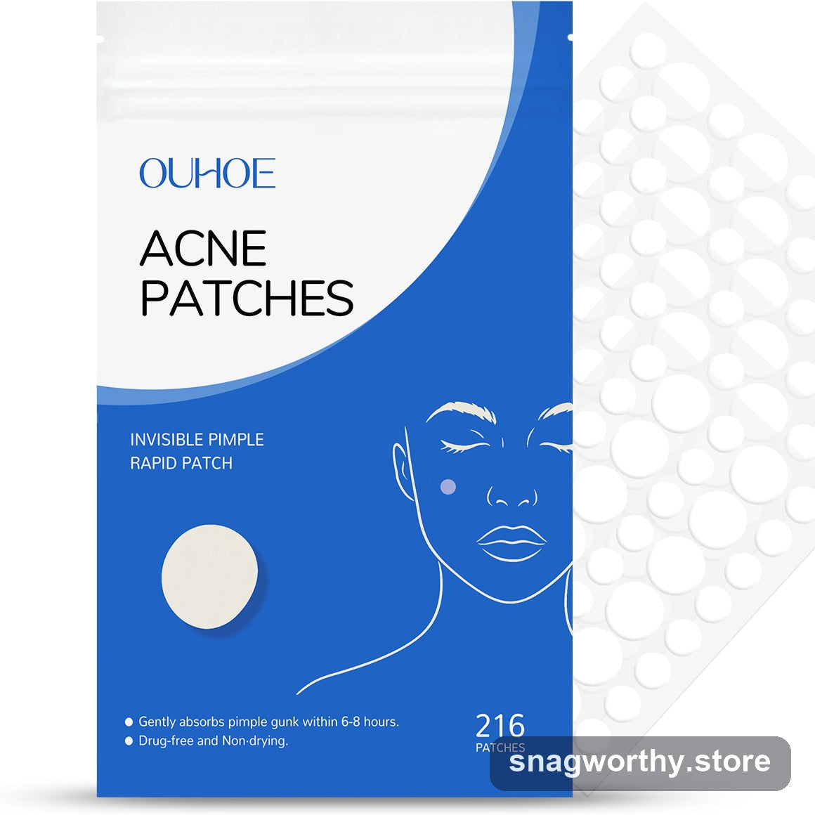 Invisible acne patches packet and patch sheet | Snagworthy.store