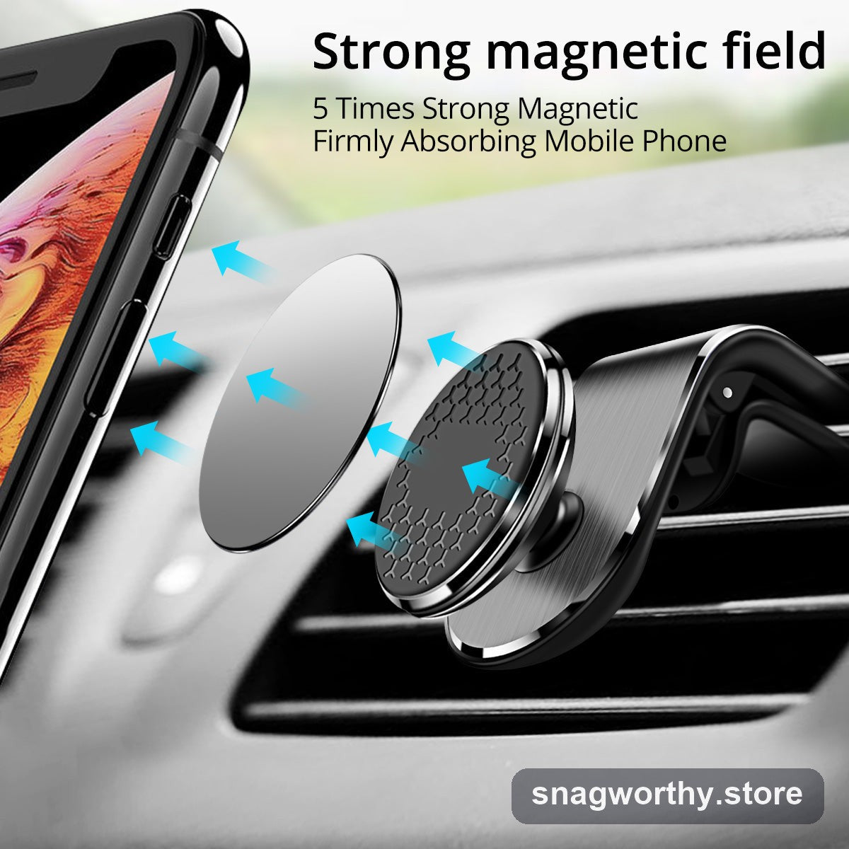 Magnetic car phone vent mount with phone attached | Snagworthy.store