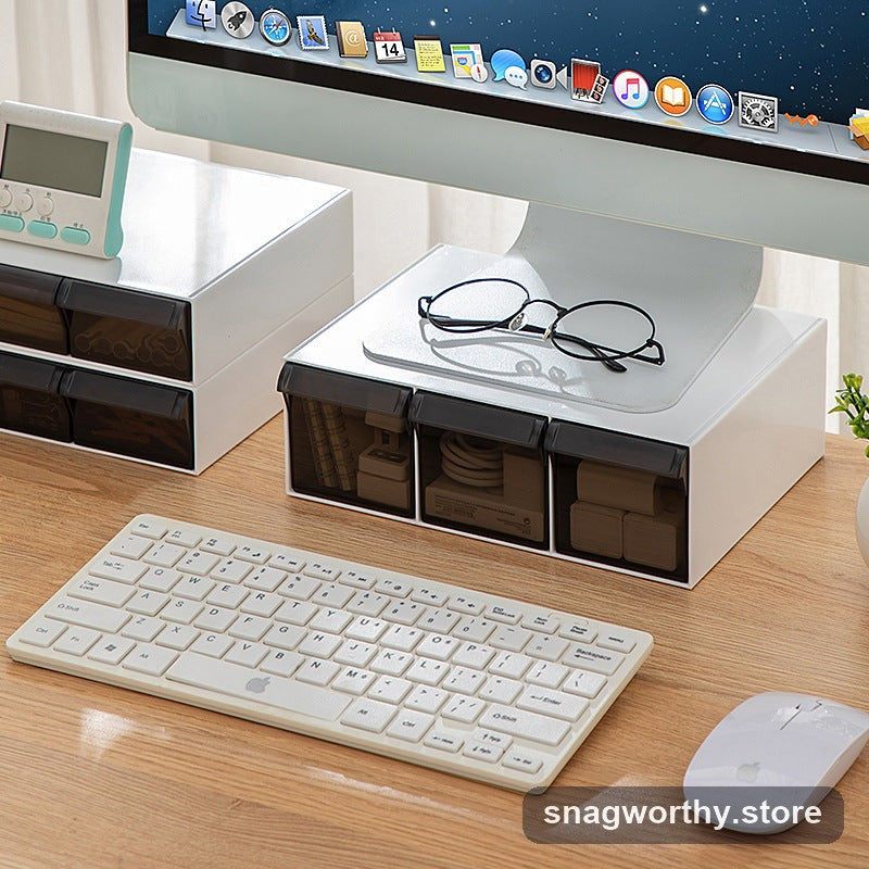 Monitor riser drawer open showing storage | Snagworthy.store