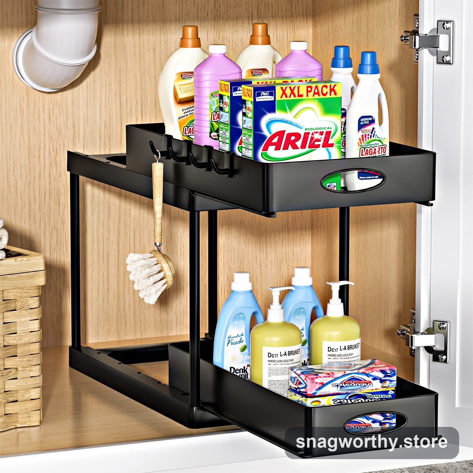 Two-tier pull-out under-sink organizer holding cleaning bottles | Snagworthy.store