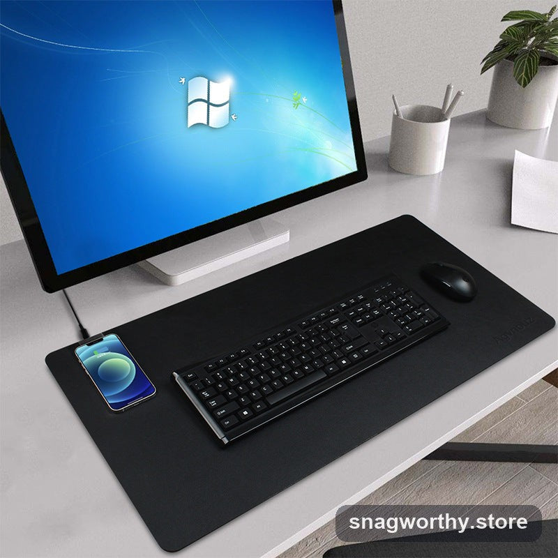Large black PU leather desk mat with phone wireless charging on a desk setup | Snagworthy.store
