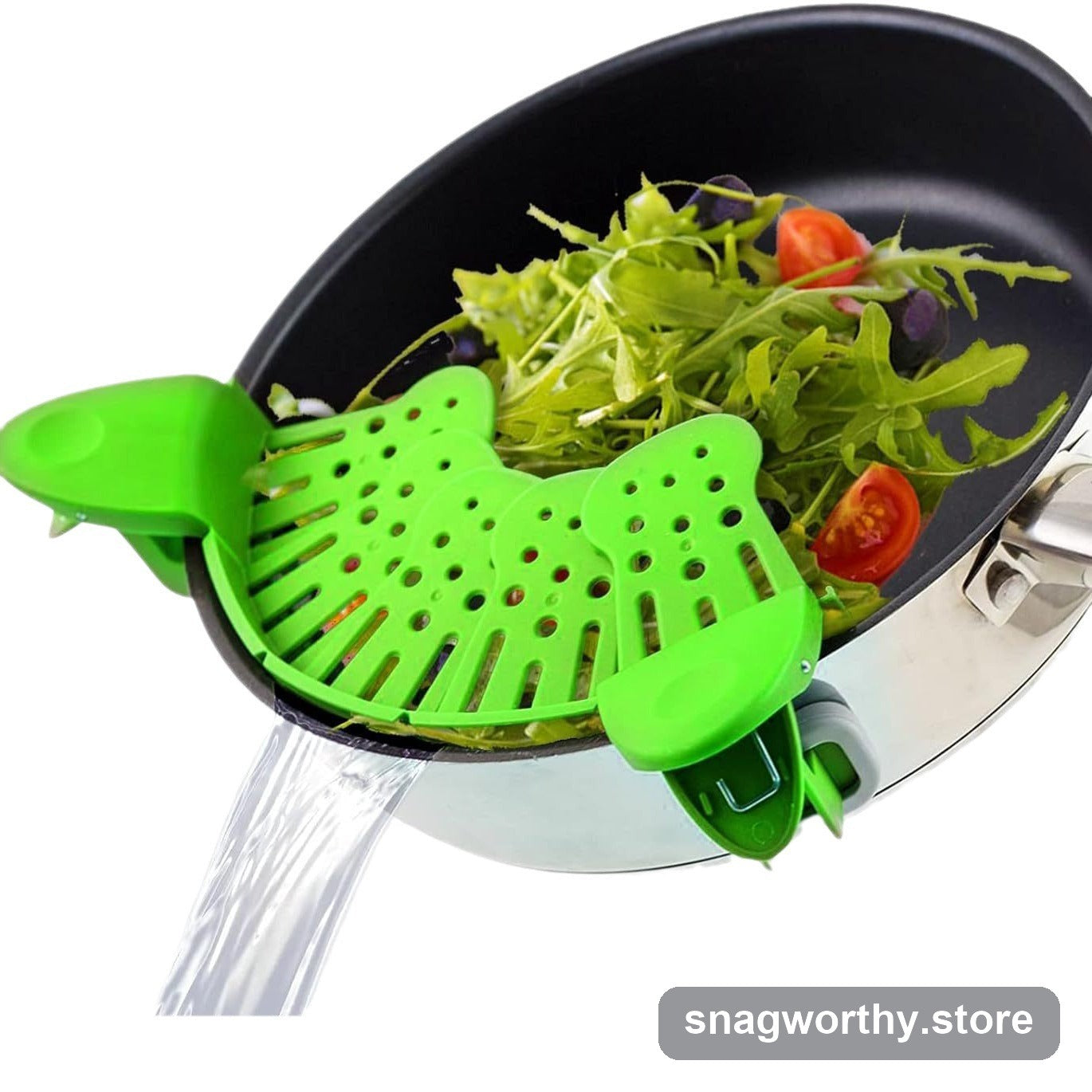 Pot strainer clipped onto pan rim | Snagworthy.store