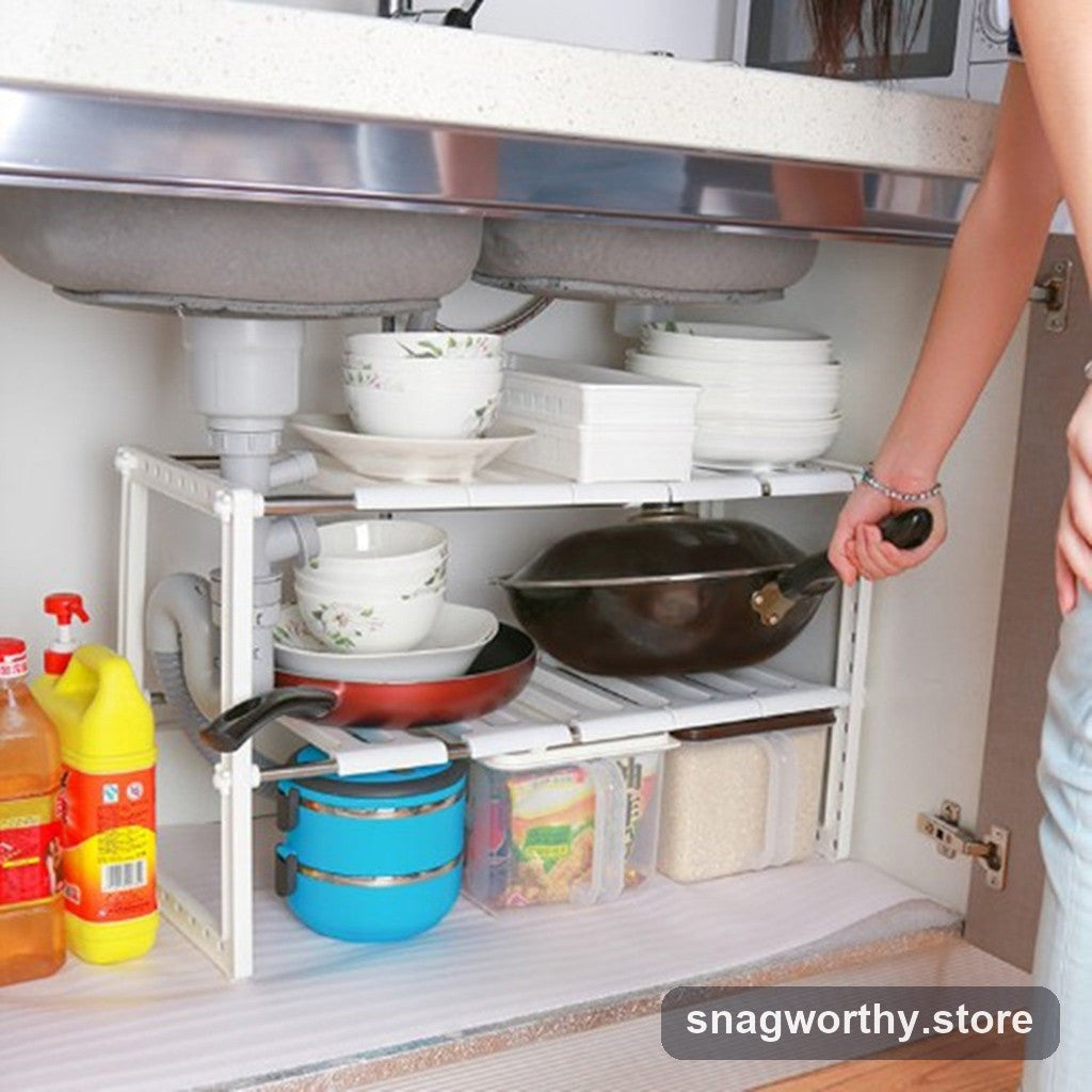 Under-sink organizer fitted around pipes | Snagworthy.store