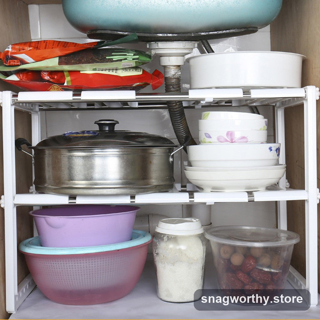 Two-tier under-sink shelf organizer with bottles | Snagworthy.store