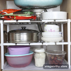 Two-tier under-sink shelf organizer with bottles | Snagworthy.store