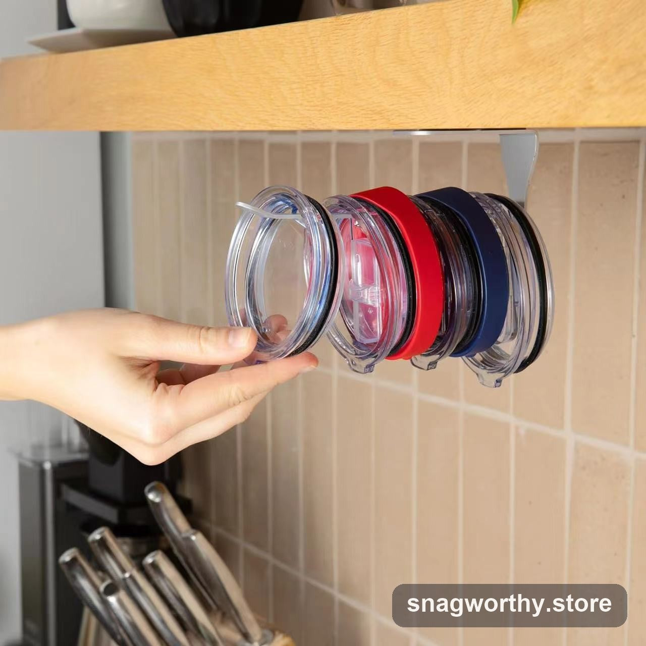 Adjustable lid storage rack mounted under cabinet | Snagworthy.store