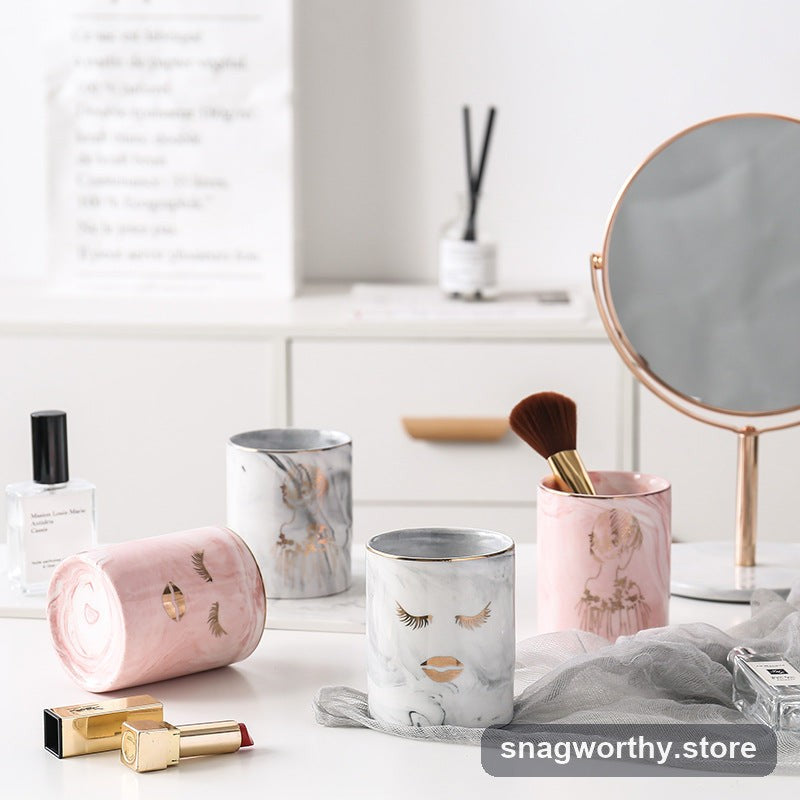 Marble-effect ceramic pen pot on desk | Snagworthy.store