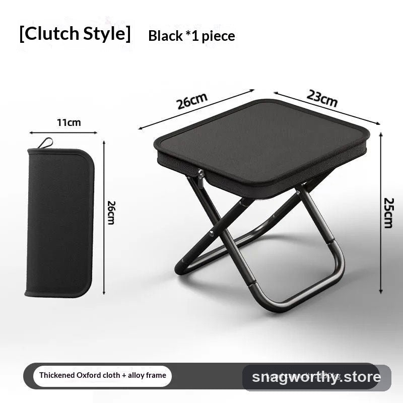 Folding camp stool clutch style, folded dimensions shown | Snagworthy.store