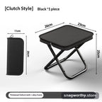 Folding camp stool clutch style, folded dimensions shown | Snagworthy.store
