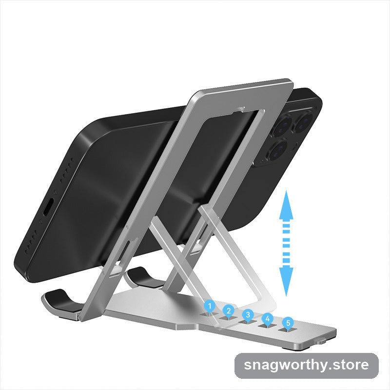TiltFold stand shown at adjustable height positions with phone | Snagworthy.store