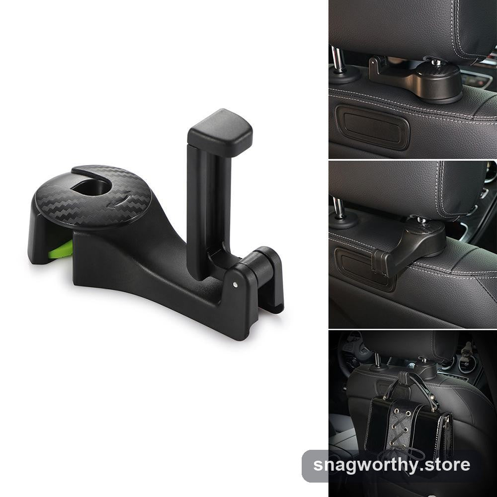 Car headrest hook with phone holder shown in use hanging a bag | Snagworthy.store