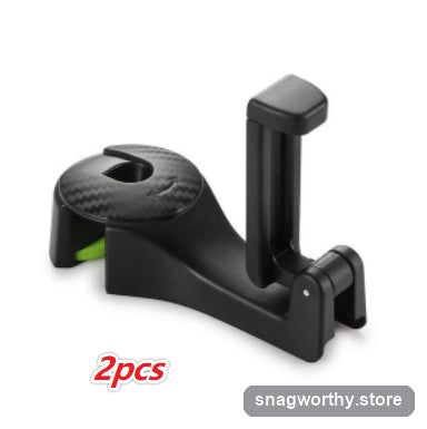 Set of 2 black car headrest hooks with integrated phone holder clip | Snagworthy.store