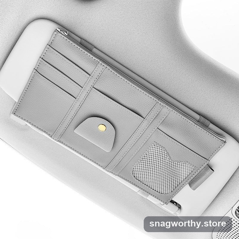 Grey car sun visor organizer mounted on visor with card slots and mesh pocket | Snagworthy.store