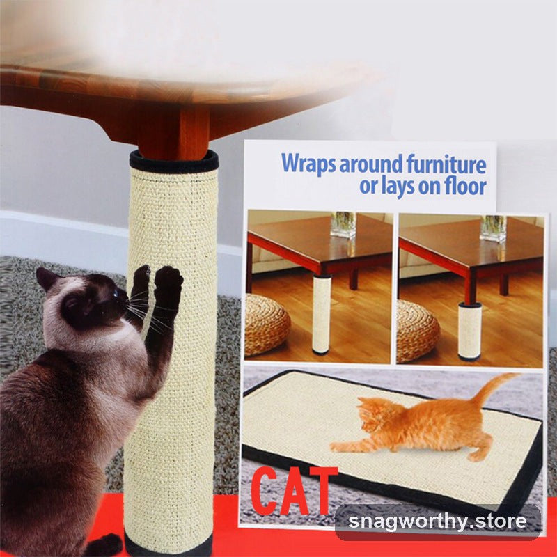 Sisal scratch mat wrapped around a table leg with cat scratching | Snagworthy.store